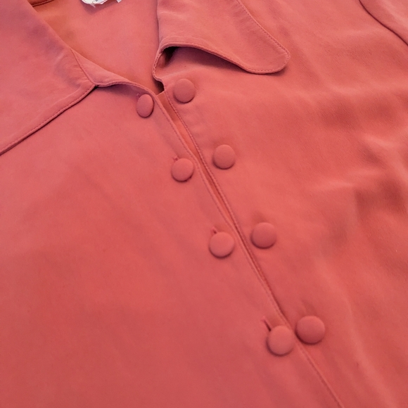 Vintage 70s 100% Silk Short Sleeve Double Button Up Blouse - Coral Pink - Picture 4 of 10